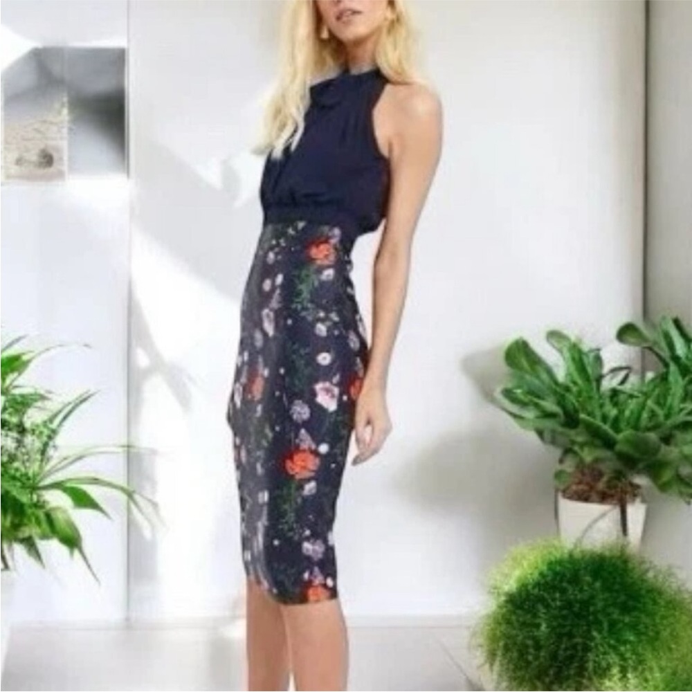 Ted Baker Navy Floral Shimma halter dress
